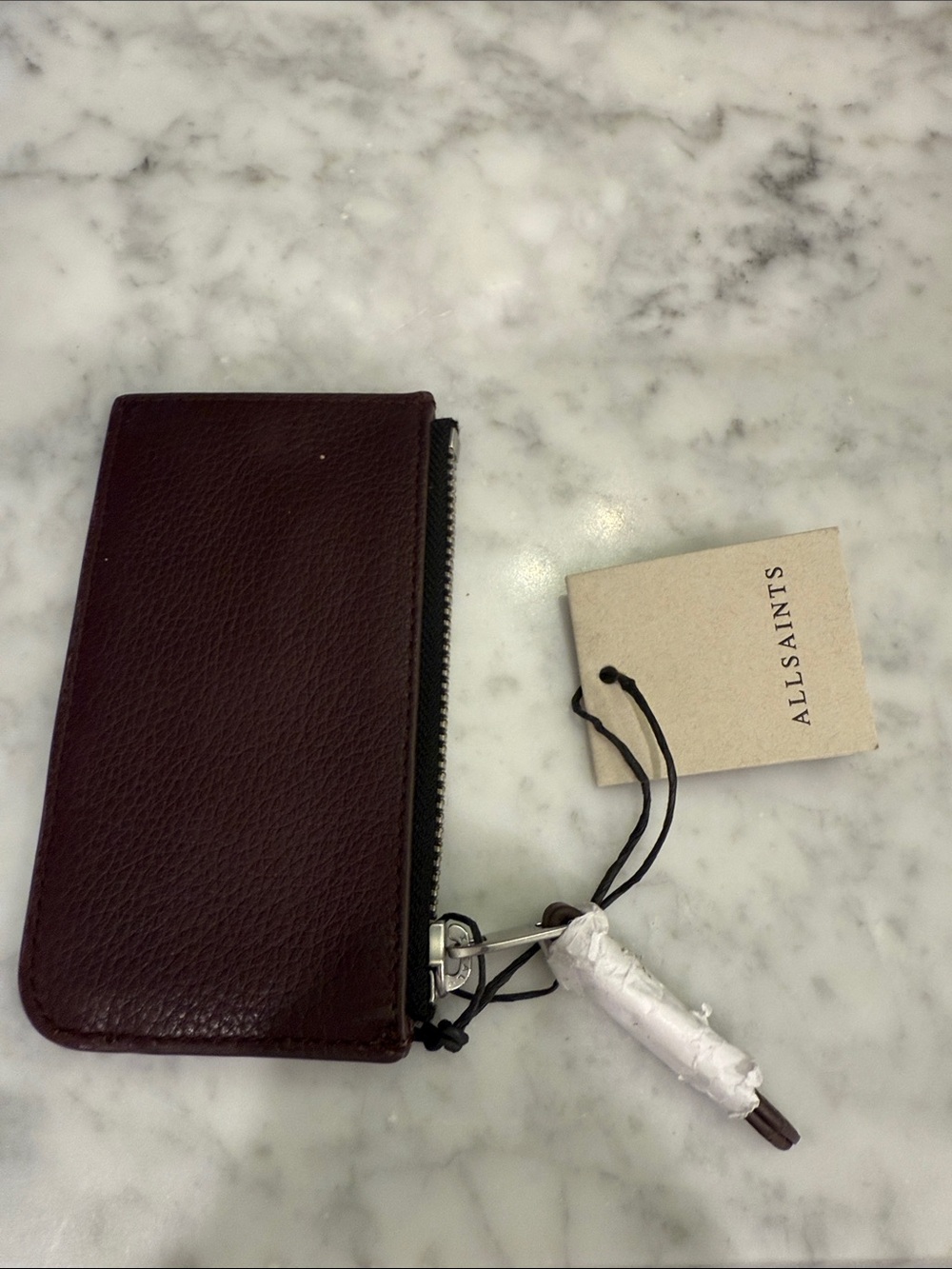 AllSaints Deep Burgundy Leather Zip Card Wallet - Picture 2 of 5
